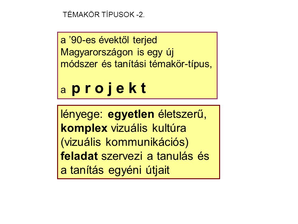 TÉMAKÖR TÍPUSOK -2. a ’90-es évektől terjed Magyarországon is egy új módszer és tanítási témakör-típus,