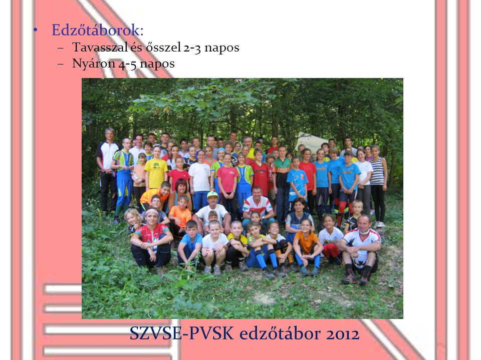 SZVSE-PVSK edzőtábor 2012 Edzőtáborok: Tavasszal és ősszel 2-3 napos
