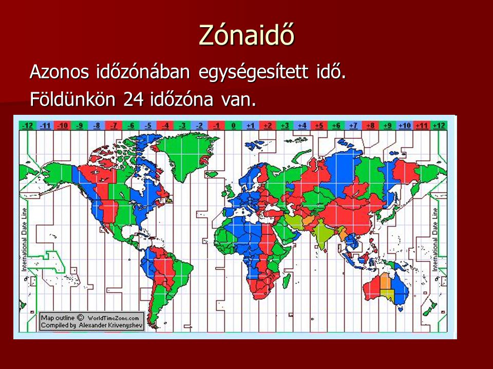 Zónaidő Azonos időzónában egységesített idő. Földünkön 24 időzóna van.