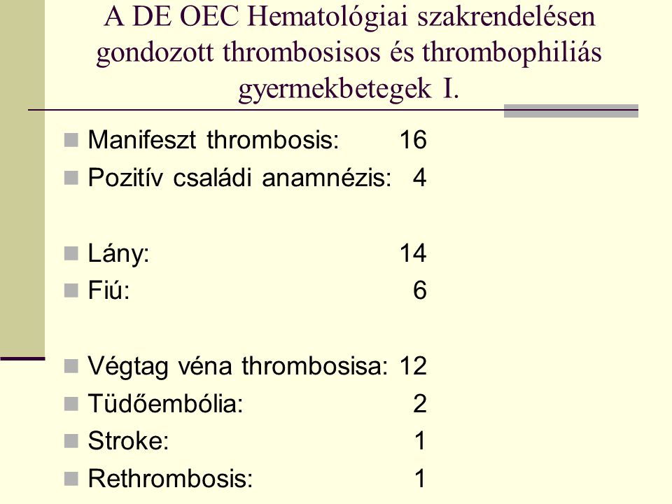A DE OEC Hematológiai szakrendelésen gondozott thrombosisos és thrombophiliás gyermekbetegek I.