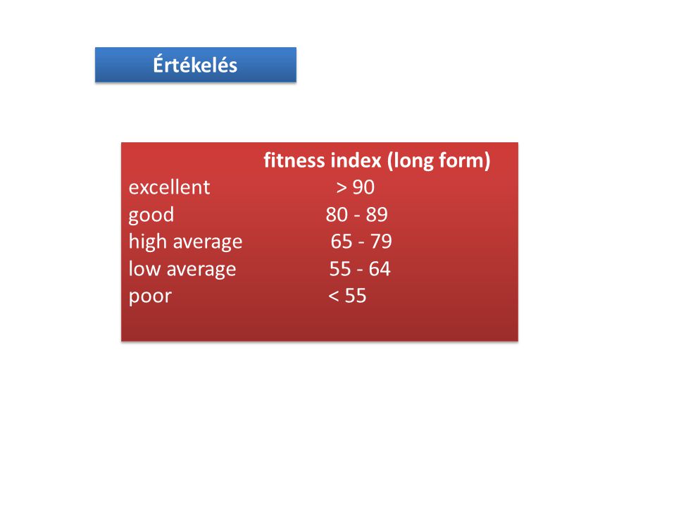 Értékelés fitness index (long form) excellent > 90. good