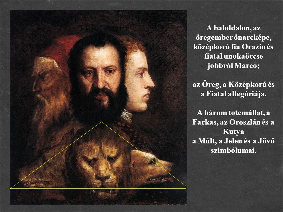 A baloldalon, az öregember önarcképe, középkorú fia Orazio és fiatal unokaöccse jobbról Marco; az Öreg, a Középkorú és a Fiatal allegóriája.