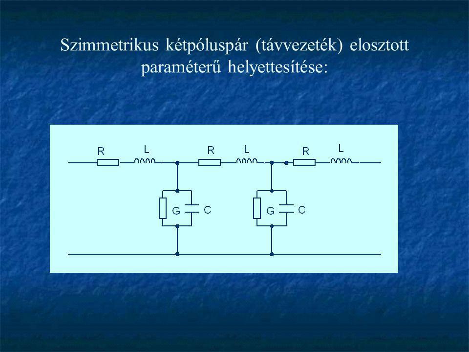 Szimmetrikus kétpóluspár (távvezeték) elosztott paraméterű helyettesítése:
