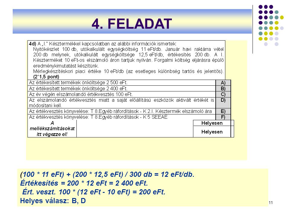 4. FELADAT (100 * 11 eFt) + (200 * 12,5 eFt) / 300 db = 12 eFt/db.