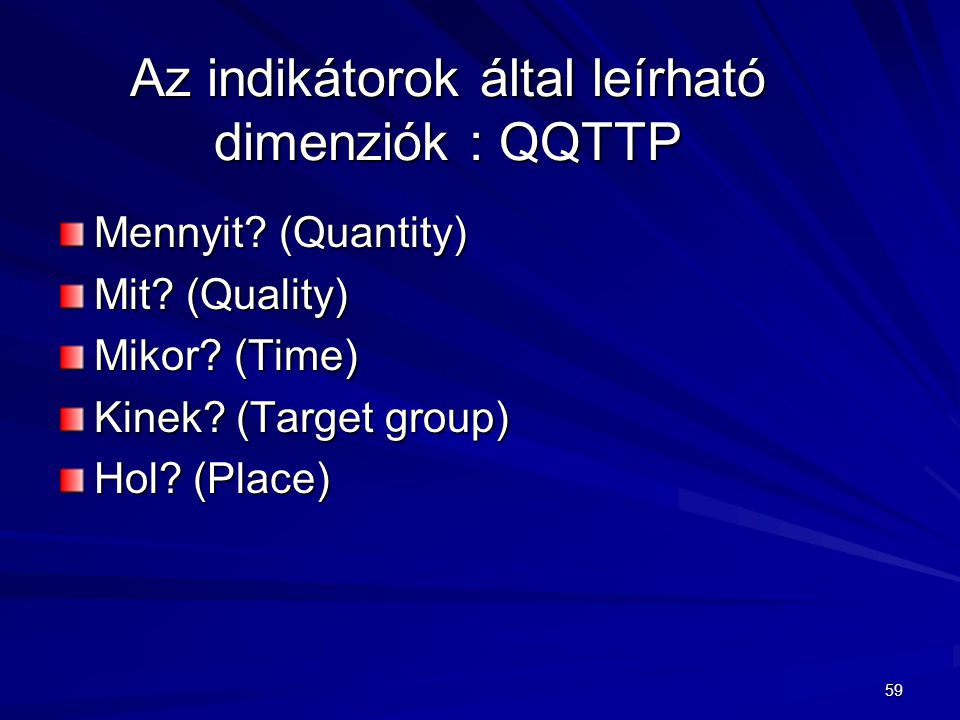 Az indikátorok által leírható dimenziók : QQTTP