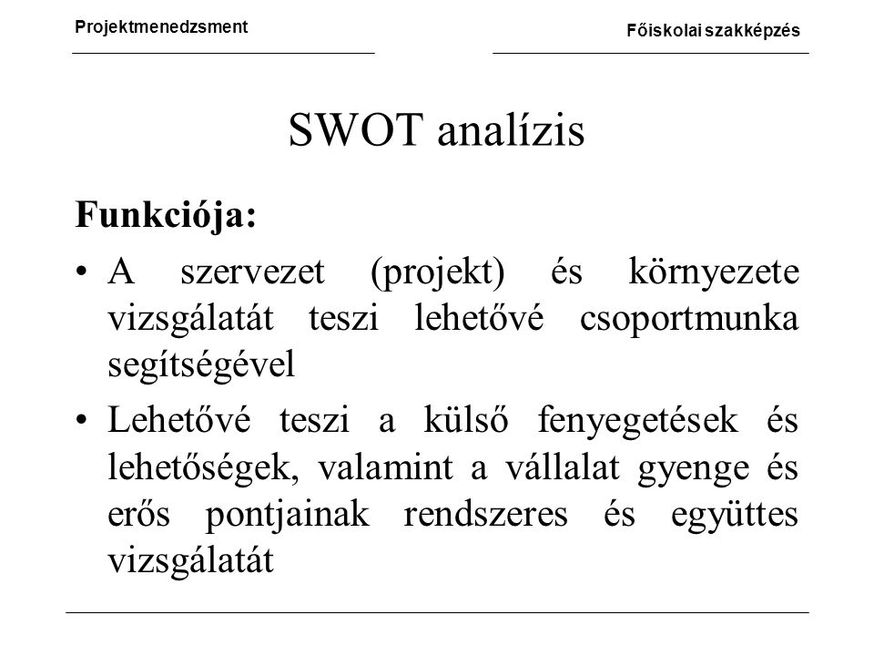 SWOT analízis Funkciója: