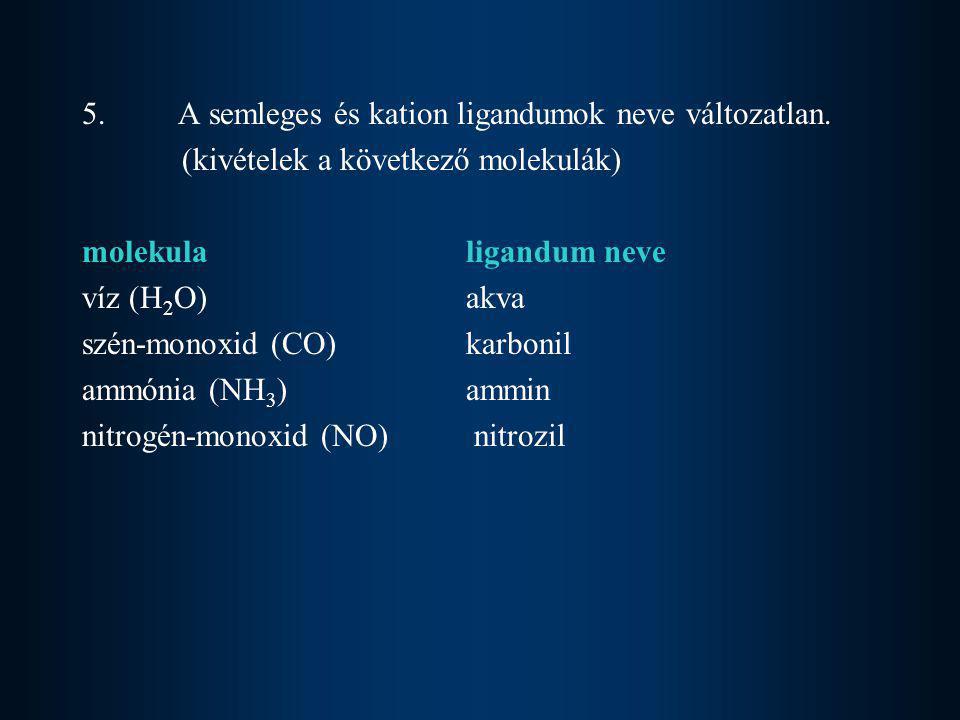 5. A semleges és kation ligandumok neve változatlan.