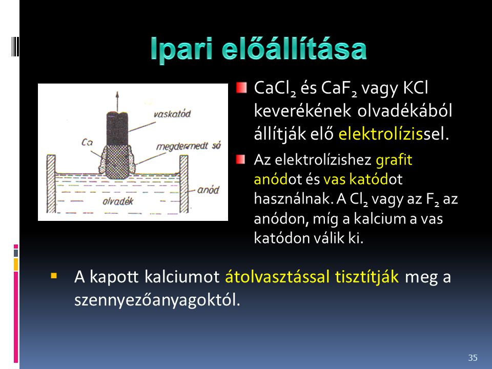 Ipari előállítása CaCl2 és CaF2 vagy KCl keverékének olvadékából állítják elő elektrolízissel.