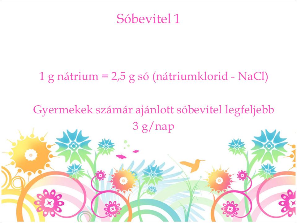 Sóbevitel 1 1 g nátrium = 2,5 g só (nátriumklorid - NaCl)