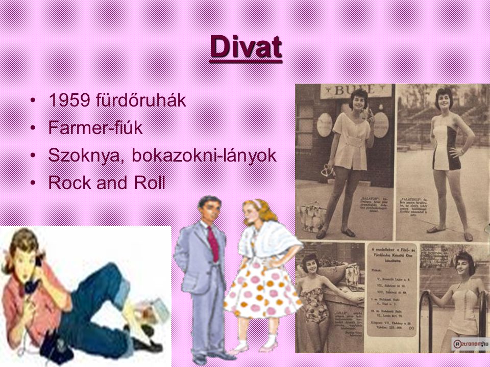 Divat 1959 fürdőruhák Farmer-fiúk Szoknya, bokazokni-lányok