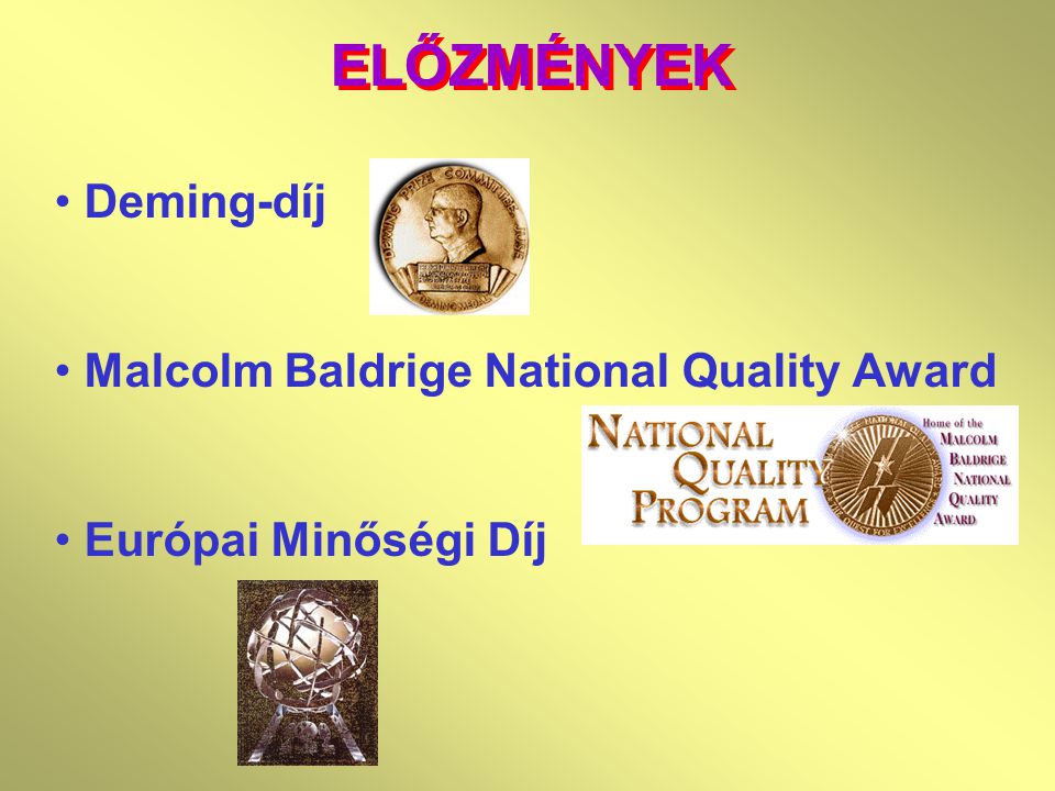 ELŐZMÉNYEK Deming-díj Malcolm Baldrige National Quality Award