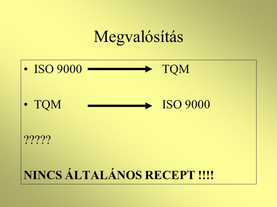 Megvalósítás ISO 9000 TQM TQM ISO 9000