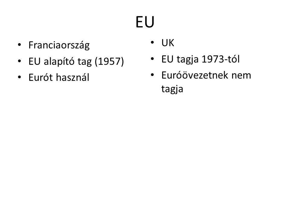 EU UK Franciaország EU tagja 1973-tól EU alapító tag (1957)