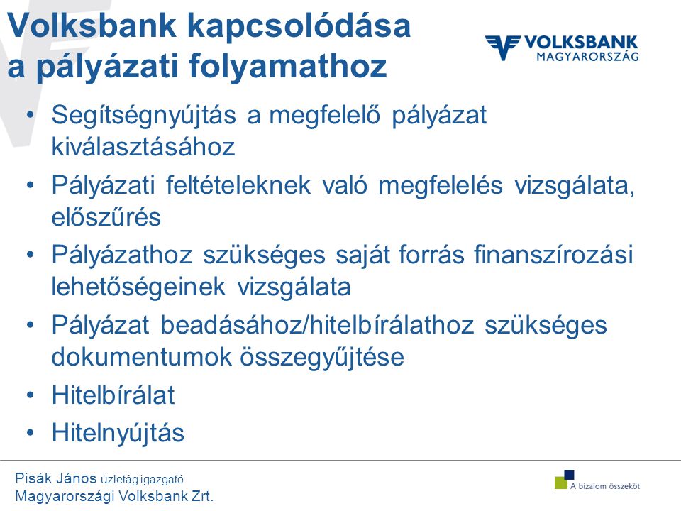 Volksbank kapcsolódása a pályázati folyamathoz