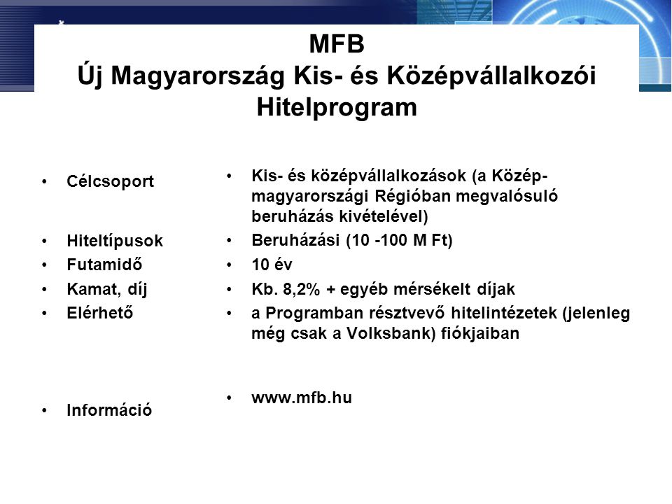 MFB Új Magyarország Kis- és Középvállalkozói Hitelprogram