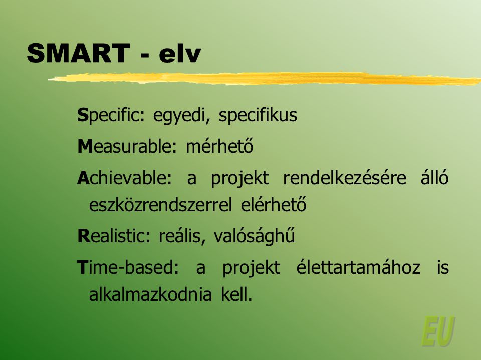 SMART - elv Specific: egyedi, specifikus Measurable: mérhető