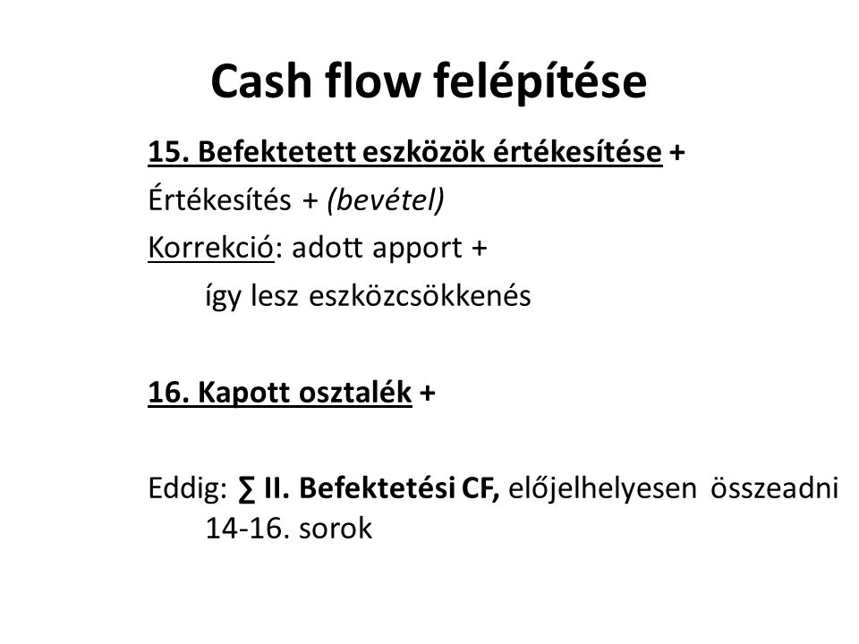 Cash flow felépítése 15. Befektetett eszközök értékesítése +