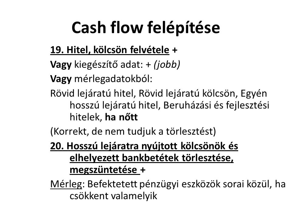 Cash flow felépítése 19. Hitel, kölcsön felvétele +