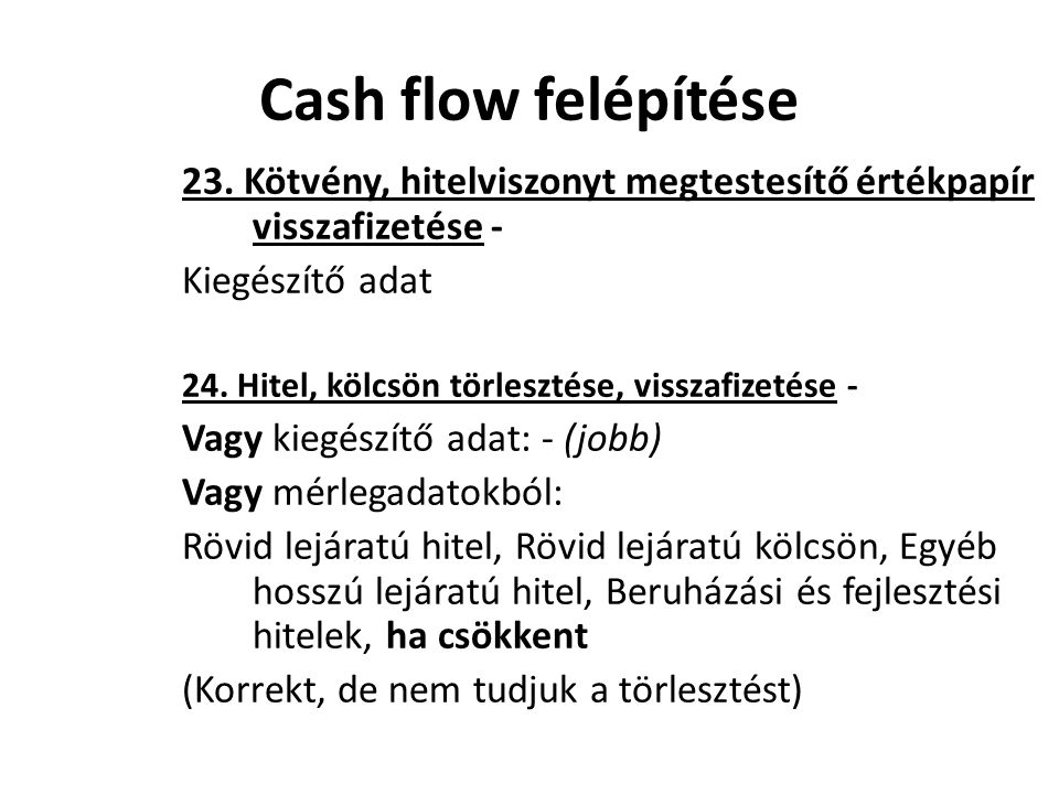 Cash flow felépítése 23. Kötvény, hitelviszonyt megtestesítő értékpapír visszafizetése - Kiegészítő adat.