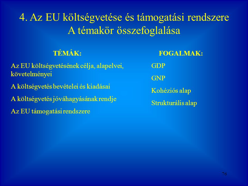 4. Az EU költségvetése és támogatási rendszere
