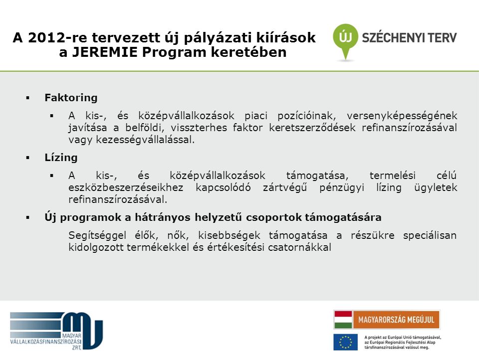 A 2012-re tervezett új pályázati kiírások a JEREMIE Program keretében