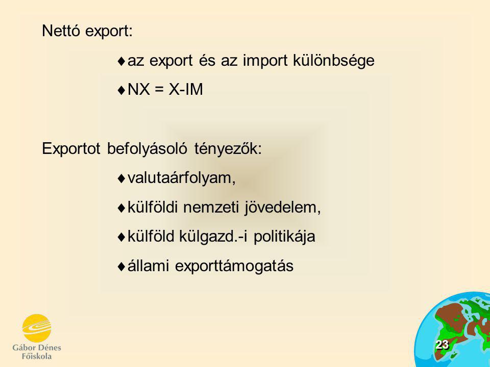 Nettó export: az export és az import különbsége. NX = X-IM. Exportot befolyásoló tényezők: valutaárfolyam,