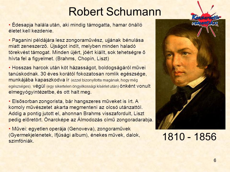 Robert Schumann Édesapja halála után, aki mindig támogatta, hamar önálló életet kell kezdenie.