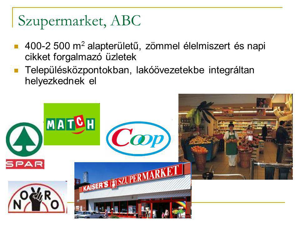 Szupermarket, ABC m2 alapterületű, zömmel élelmiszert és napi cikket forgalmazó üzletek.