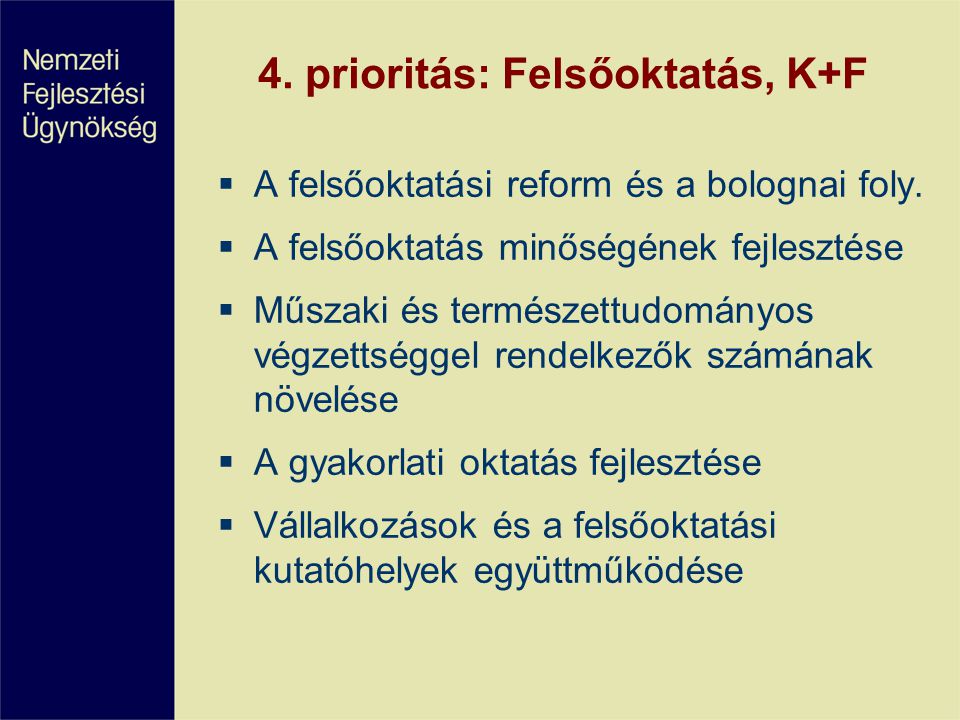 4. prioritás: Felsőoktatás, K+F