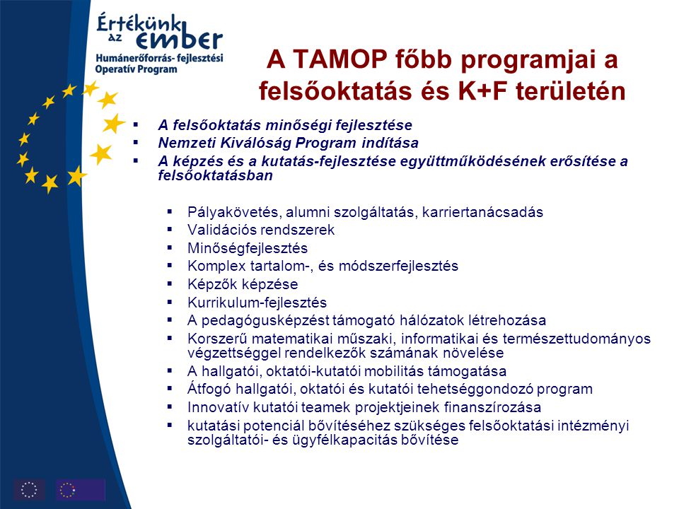 A TAMOP főbb programjai a felsőoktatás és K+F területén