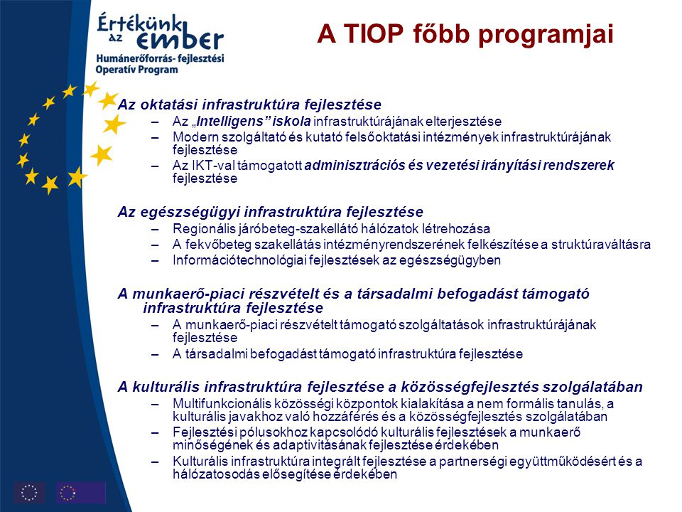 A TIOP főbb programjai Az oktatási infrastruktúra fejlesztése