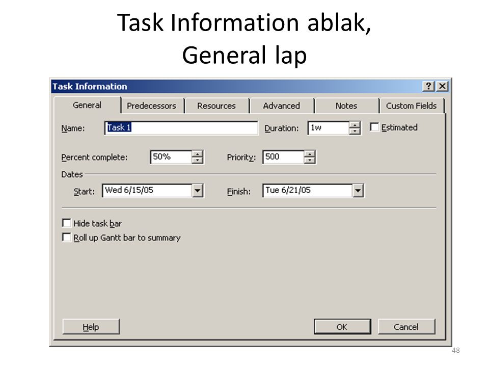 Task Information ablak, General lap