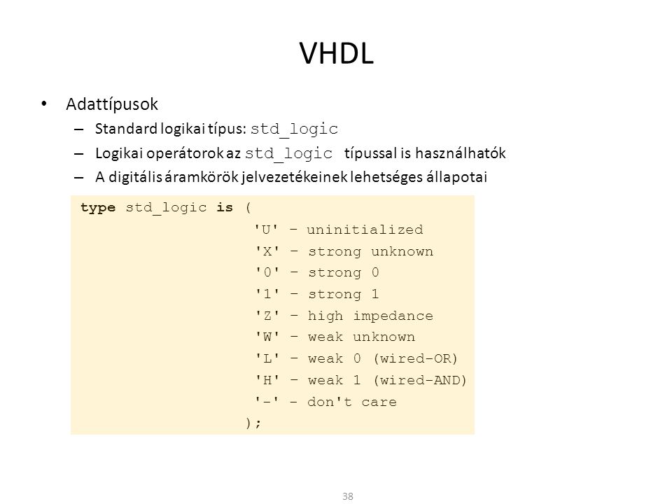 VHDL Adattípusok Standard logikai típus: std_logic