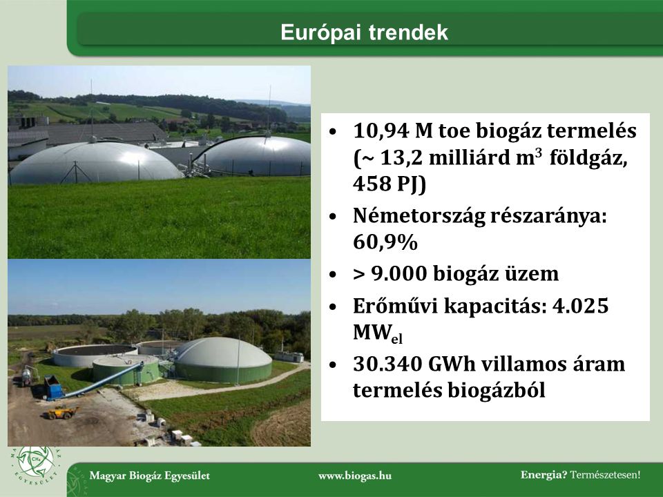 Európai trendek 10,94 M toe biogáz termelés (~ 13,2 milliárd m3 földgáz, 458 PJ) Németország részaránya: 60,9%