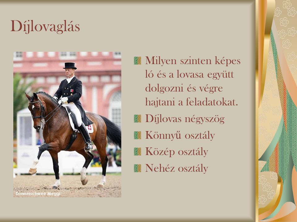 Díjlovaglás Milyen szinten képes ló és a lovasa együtt dolgozni és végre hajtani a feladatokat. Díjlovas négyszög.