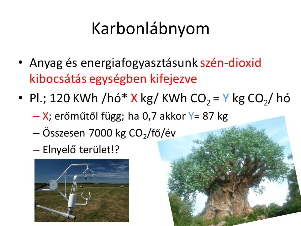 Karbonlábnyom Anyag és energiafogyasztásunk szén-dioxid kibocsátás egységben kifejezve. Pl.; 120 KWh /hó* X kg/ KWh CO2 = Y kg CO2/ hó.