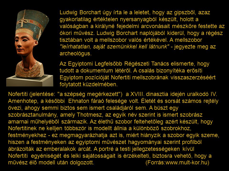 Ludwig Borchart úgy írta le a leletet, hogy az gipszből, azaz gyakorlatilag értéktelen nyersanyagból készült, holott a valóságban a királyné fejedelmi arcvonásait mészkőre festette az ókori művész. Ludwig Borchart naplójából kiderül, hogy a régész tisztában volt a mellszobor valós értékével. A mellszobor leírhatatlan, saját szemünkkel kell látnunk - jegyezte meg az archeológus.