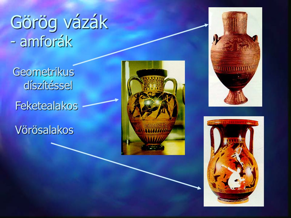 Görög vázák - amforák Geometrikus díszítéssel Feketealakos Vörösalakos