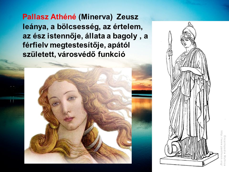 Pallasz Athéné (Minerva) Zeusz leánya, a bölcsesség, az értelem, az ész istennője, állata a bagoly , a férfielv megtestesítője, apától született, városvédő funkció