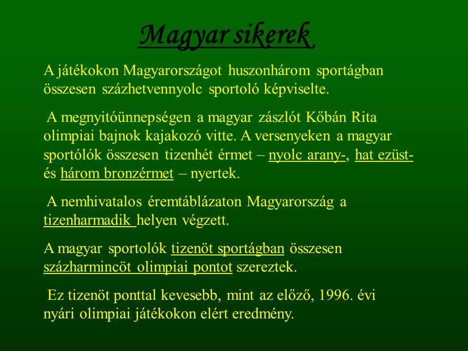 Magyar sikerek A játékokon Magyarországot huszonhárom sportágban összesen százhetvennyolc sportoló képviselte.