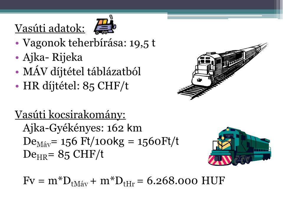 Vasúti adatok: Vagonok teherbírása: 19,5 t. Ajka- Rijeka. MÁV díjtétel táblázatból. HR díjtétel: 85 CHF/t.