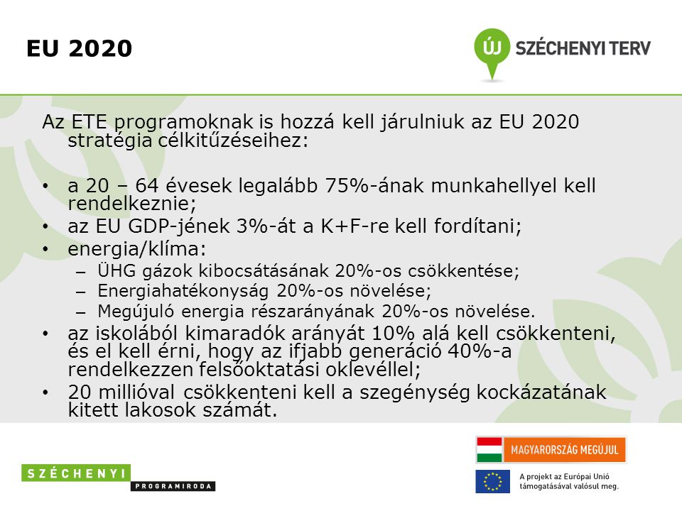 EU 2020 Az ETE programoknak is hozzá kell járulniuk az EU 2020 stratégia célkitűzéseihez: