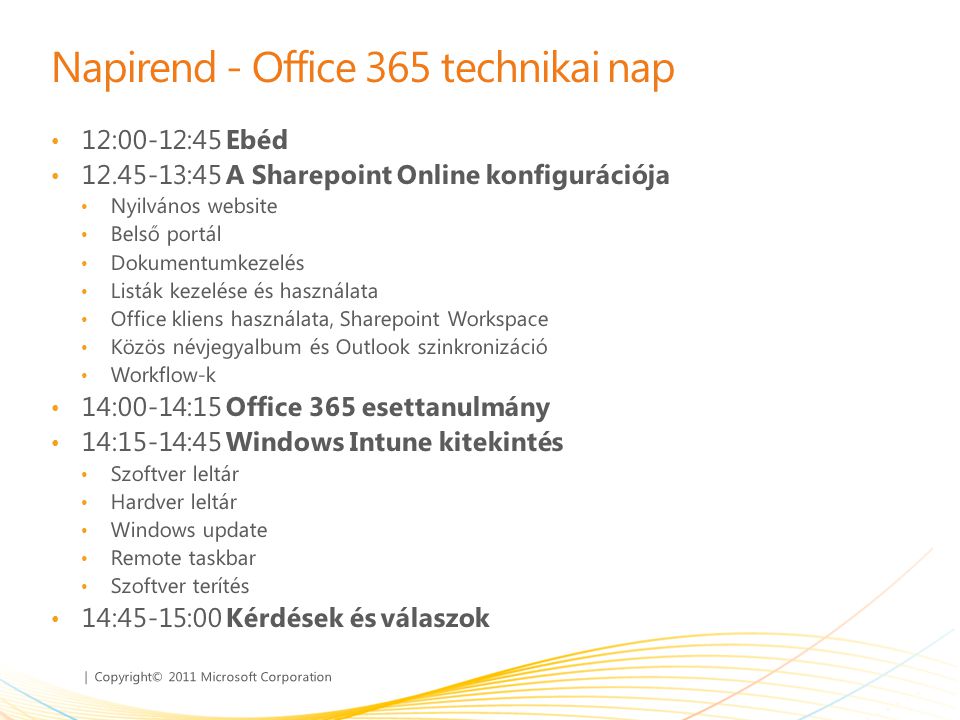 Napirend - Office 365 technikai nap