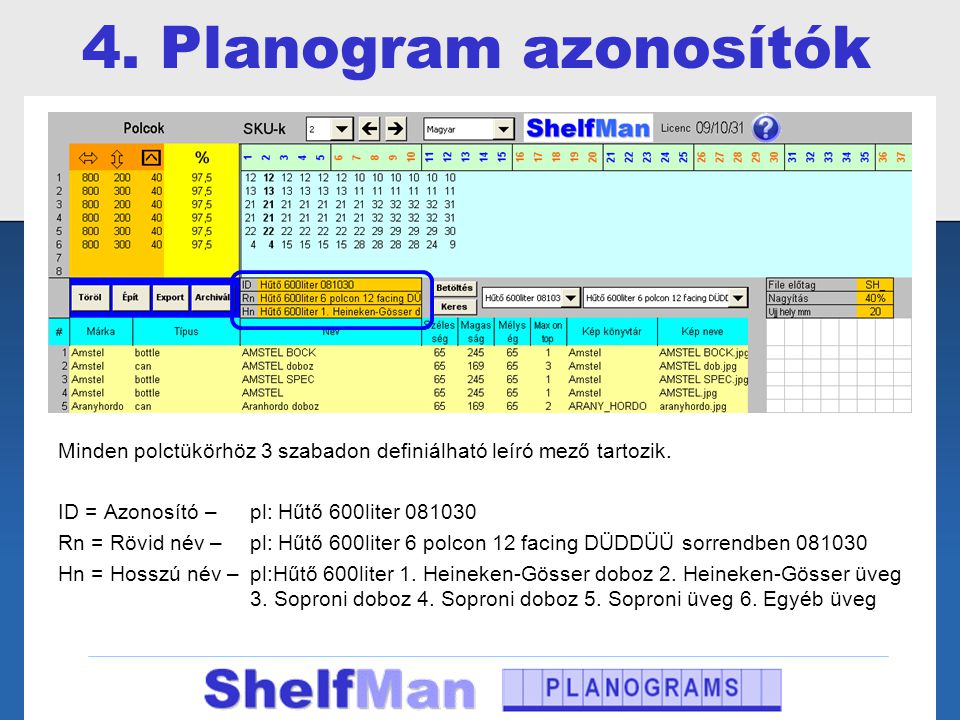 4. Planogram azonosítók Minden polctükörhöz 3 szabadon definiálható leíró mező tartozik. ID = Azonosító – pl: Hűtő 600liter