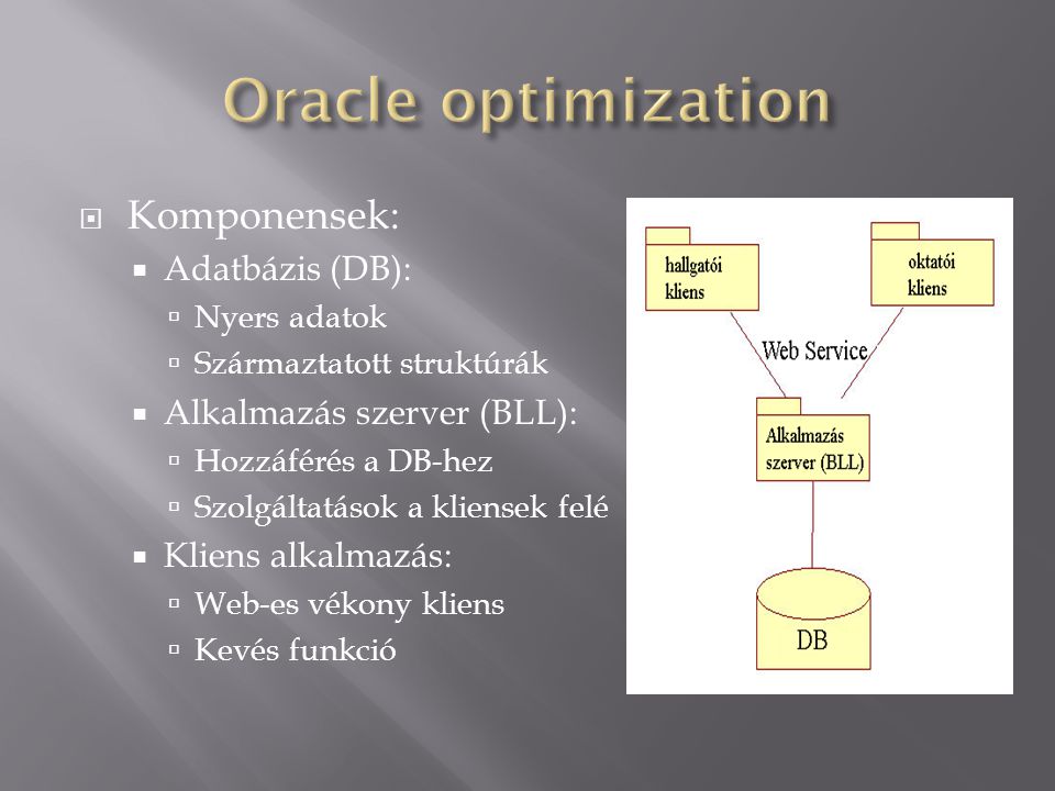 Oracle optimization Komponensek: Adatbázis (DB):