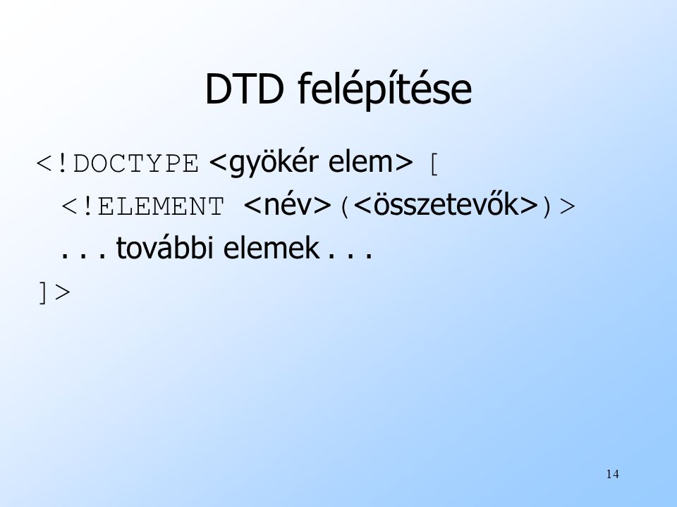 DTD felépítése <!DOCTYPE <gyökér elem> [
