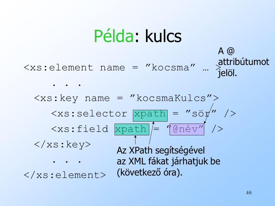 Példa: kulcs <xs:element name = kocsma … > . . .