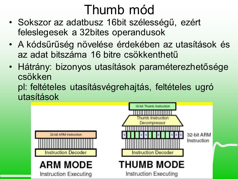 Thumb mód Sokszor az adatbusz 16bit szélességű, ezért feleslegesek a 32bites operandusok.