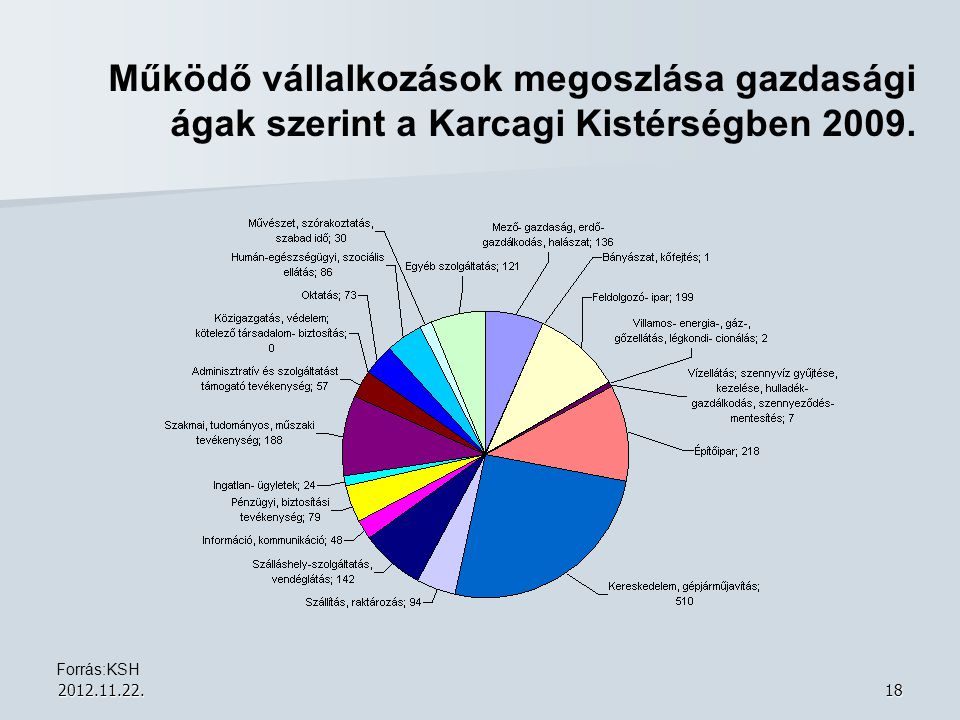 Működő vállalkozások megoszlása gazdasági ágak szerint a Karcagi Kistérségben 2009.