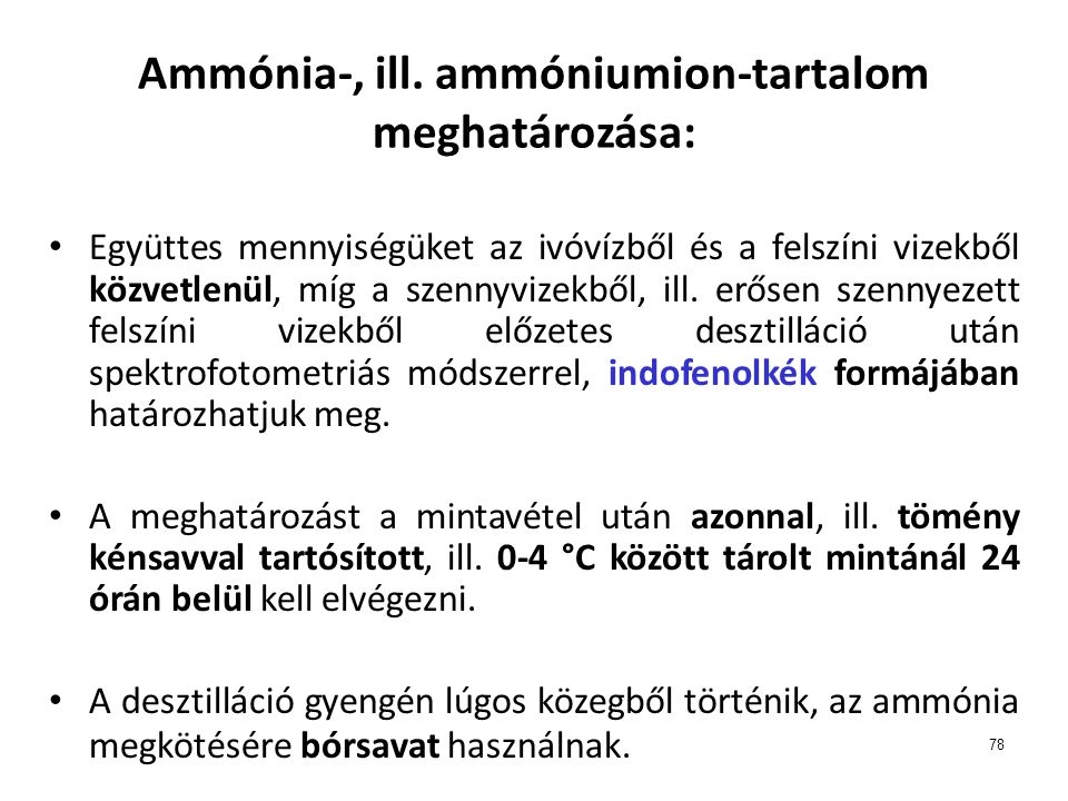Ammónia-, ill. ammóniumion-tartalom meghatározása: